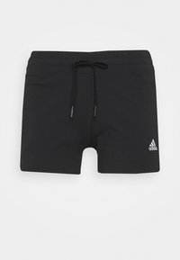 Bañador corto negro hecho de tela suave, con cintura elástica ajustable mediante cordón y un pequeño logo blanco de Adidas en el lado inferior derecho.