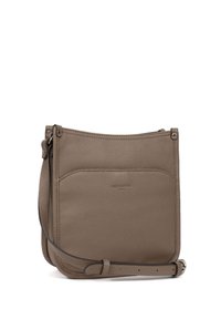 Borsa a tracolla in pelle marrone con una superficie liscia, dotata di tasca frontale, cinturino per la spalla e design minimalista.