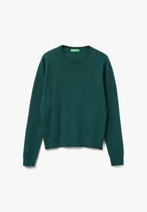 Suéter verde azulado hecho de material suave, con cuello redondo, mangas largas y puños y dobladillo acanalados. Textura suave sin patrones.