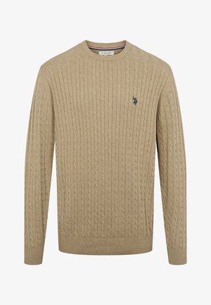 Beige striktrøje med kabelmønster, rund halsudskæring og ribbede manchetter og kant. Har et lille mørkt logo på brystet.