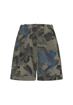 Kurzärmelige Shorts mit Blumenmuster in Olivgrün mit schwarzen und blauen Akzenten, ausgestattet mit einer lockeren Passform und elastischem Bund.