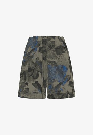Kurzärmelige Shorts mit Blumenmuster in Olivgrün mit schwarzen und blauen Akzenten, ausgestattet mit einer lockeren Passform und elastischem Bund.