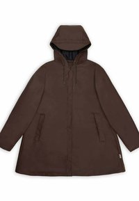Cappotto impermeabile marrone con cappuccio e lacci, dotato di tasche laterali e silhouette dritta. Texture liscia, design minimale.