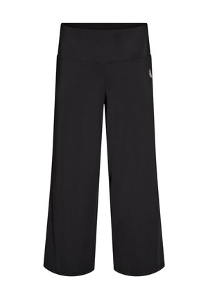 Pantalon noir large et court avec une taille haute et un petit logo blanc sur la hanche droite.