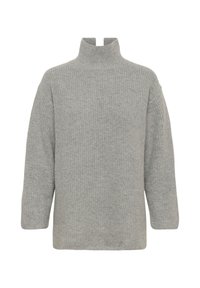 Light gray ribbed knit turtleneck sweater with long sleeves and a relaxed fit on a white background.