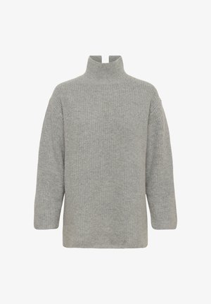 Light gray ribbed knit turtleneck sweater with long sleeves and a relaxed fit on a white background.