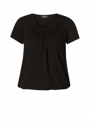 Zwart T-shirt met korte mouwen en een ronde halslijn, met geplooide details aan de voorkant. Gemaakt van zachte, lichtgewicht stof voor comfort.