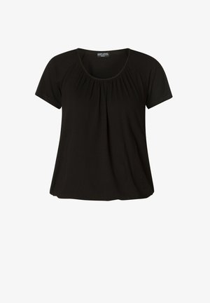 Black short-sleeve top with a round neckline and gathered detailing at the front. Made from soft, lightweight fabric for comfort.