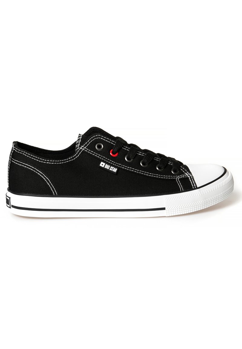 Zapatilla de lona negra con punta y suela de goma blanca, costuras blancas en contraste, cordones negros y acentos en ojal rojos.
