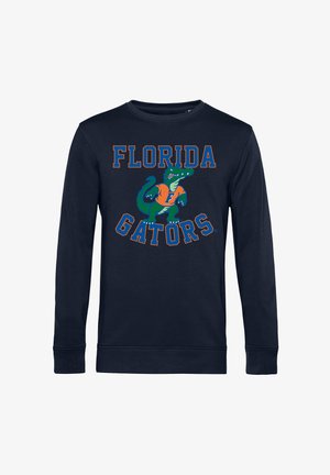 Sudadera de manga larga azul marino con un gráfico de un caimán en naranja y verde, con el texto "FLORIDA GATORS" arriba y abajo.