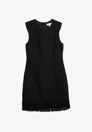 Schwarzes ärmelloses Kleid aus strukturiertem Stoff mit gerader Silhouette, das über ein Fransensaum-Detail und einen Knopfverschluss auf der Rückseite verfügt.