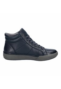 Baskets montantes en cuir bleu marine foncé avec fermeture à lacets et zip sur le côté. Dotées d'une semelle en caoutchouc texturé et d'un col rembourré pour le confort.