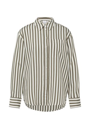 Long-sleeve button-up shirt with vertical olive green and white stripes, a pointed collar, front chest pocket, and striped cuffs.