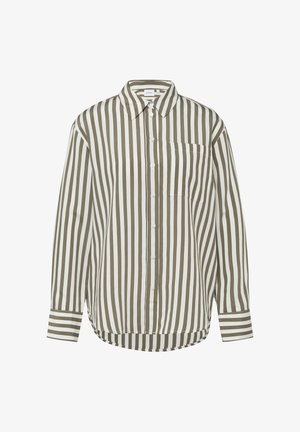 Langärmliges Hemd zum Knöpfen mit vertikalen olivgrünen und weißen Streifen, spitzem Kragen, Brusttasche vorne und gestreiften Manschetten.
