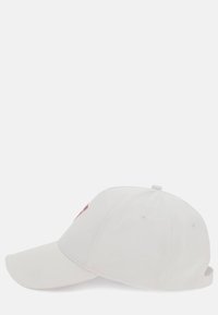 White baseball cap with a curved brim, made of cotton, featuring a red logo patch on the front and a silver snapback adjuster at the back.