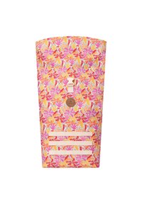 Bunt gemustertes Gewebe mit floralem Design in Rosa, Orange und Gelb. Verfügt über einen zentralen Knopf und drei horizontale Riemen.