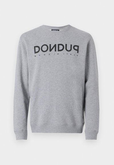 Gray sweatshirt made of cotton blend, featuring a crew neck, long sleeves, and large black text "DON DUP" across the front.
