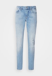 Lyseblå denimjeans med slim fit, med slitte detaljer og et klassisk fem-lomme design. Rundt kant og metallknapplukking.