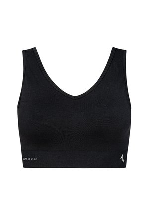 Sujetador deportivo negro con un diseño de escote en V, hecho de una tela suave, que presenta una banda ancha en la parte inferior y un sutil detalle del logo.