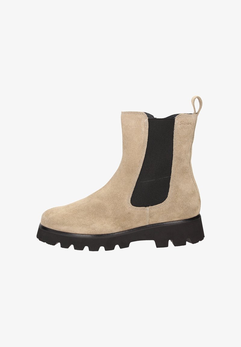 Beige Wildleder-Stiefelette mit einem schwarzen elastischen Seitenpaneel, runder Zehenform und dickem schwarzen Gummisohle. Verfügt über eine Schlaufe an der Rückseite.