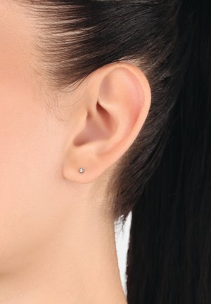 Orecchini a stecca in argento con una piccola pietra preziosa trasparente e rotonda. In primo piano, il profilo dell'orecchio su una tonalità di pelle liscia.