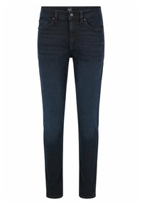 Dark blue denim jeans with a slim fit, featuring five pockets, metal button closure, and subtle stitching accents.