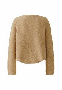 Korte mouwen beige sweater van zacht, harig materiaal; cropped ontwerp met een wijde halslijn en geribbelde manchetten.