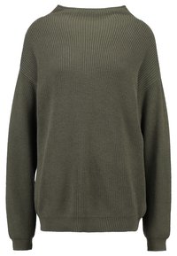 Maglione a collo rotondo di colore verde oliva, con maniche lunghe e polsini e orlo a coste. Presenta un design texturizzato e un taglio morbido.