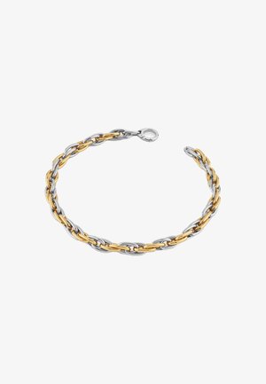 Metallarmband mit ineinander verflochtenen Silber- und Gold-Links, mit einer polierten Oberfläche und einem sicheren Karabinerverschluss. Durchgehend glatte Textur.