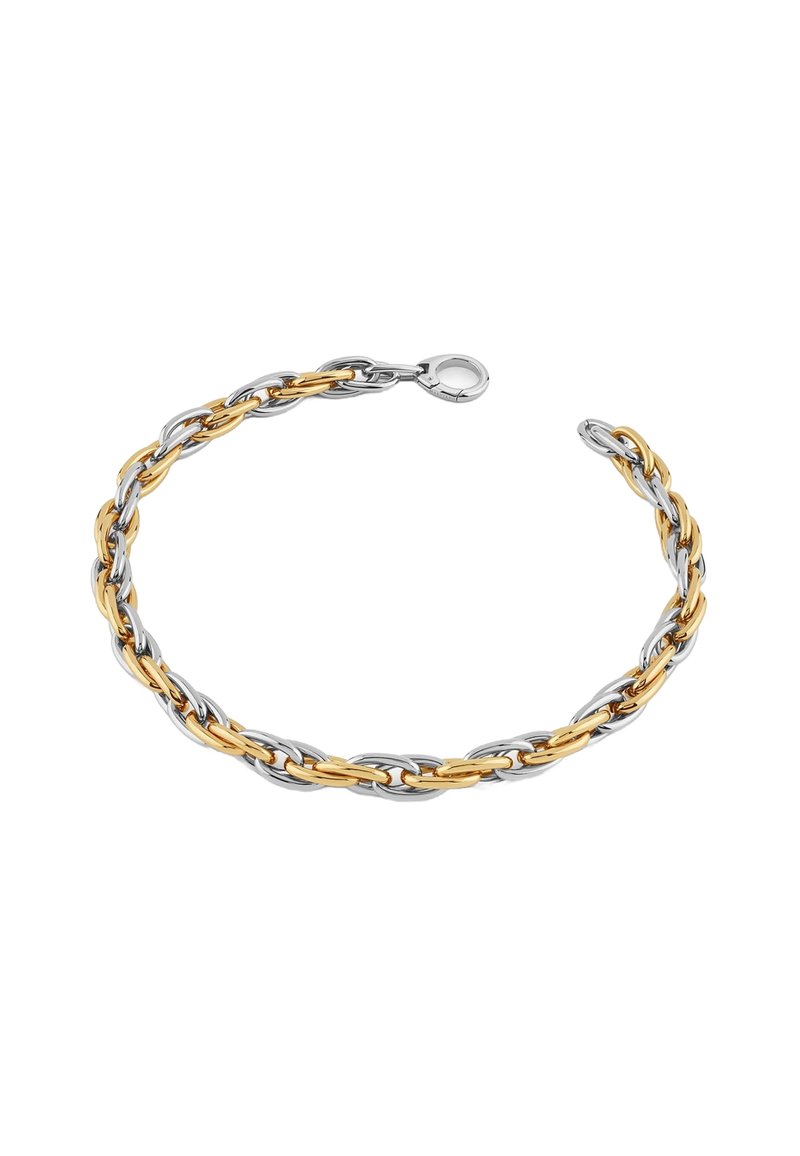 Metalen armband met verweven zilveren en gouden schakels, met een gepolijste afwerking en een veilige karabijnhaak. Glad oppervlak gedurende het hele stuk.