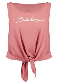 Lyserød ærmeløs top lavet af blød bomuld, med en knudedetalje foran og hvidt "Billabong"-logo tværs over brystet.