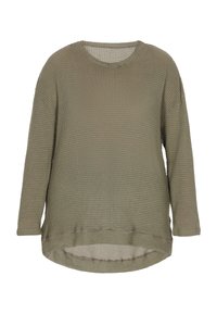 Olivgrön långärmad topp med en strukturerad, våffelstickad design. Rund halsringning och hög-låg fåll med sidofickor. Lättviktsmaterial.