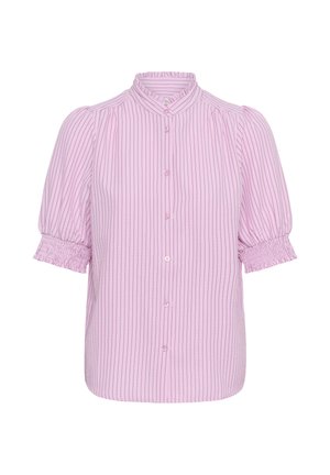 Blusa lila clara con finas rayas verticales, mangas cortas abullonadas con puños fruncidos y cierre de botones delante con un cuello con volantes.