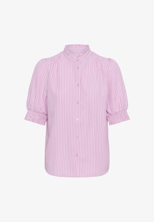 Blouse violet clair à fines rayures verticales, manches courtes bouffantes avec poignets smockés, et devant boutonné avec un col à volants.