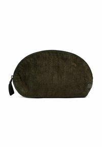 Olivazöld kordbársony tasak lekerekített formával, cipzáras záródással és függőleges textúrázott vonalakkal. A cipzár közelében kis logótábla található.