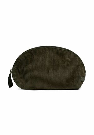 Olivgrön kordfläskpung med rundad form, dragkedjestängning och texturerade vertikala linjer. Har en liten logoplått nära dragkedjan.