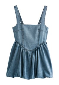 Denimmekko leveillä olkaimilla, istuva yläosa ja laskostettu helma. Vaaleansininen väri, jossa on sileä pinta ja vahvistetut ompelut.