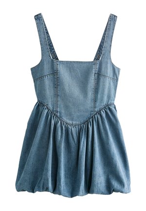 Denimmekko leveillä olkaimilla, istuva yläosa ja laskostettu helma. Vaaleansininen väri, jossa on sileä pinta ja vahvistetut ompelut.