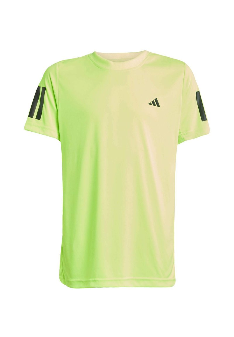 T-shirt de sport vert lime vif en tissu respirant, avec des manches courtes, un col rond et des accents rayés noirs sur les manches.