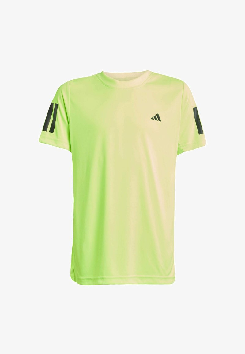 Světle limetkově zelené sportovní tričko vyrobené z prodyšného materiálu, s krátkými rukávy, kulatým výstřihem a černými pruhy na rukávech.