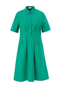 Zielona bawełniana sukienka koszulowa z krótkimi rękawami, kołnierzykiem i zapięciem na guziki. Posiada plisowanie dla luźnego kroju oraz gładką fakturę.