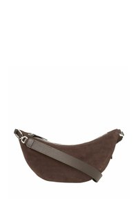 Borsa a tracolla a forma di mezzaluna in suede marrone con tracolla in pelle regolabile e chiusura con zip argentata.