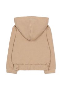 Beżowa bluza z kapturem na sznurki, ściągaczami przy rękawach i marszczonym dołem. Wykonana z miękkiego materiału, o gładkiej fakturze i prostym wzorze.