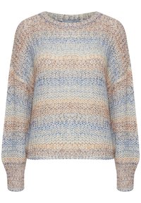 Strickpullover mit rundem Halsausschnitt. Verfügt über Streifen in Creme-, Blau- und Beigetönen. Lockerer Schnitt mit langen, schmal zulaufenden Ärmeln und gerippten Bündchen.