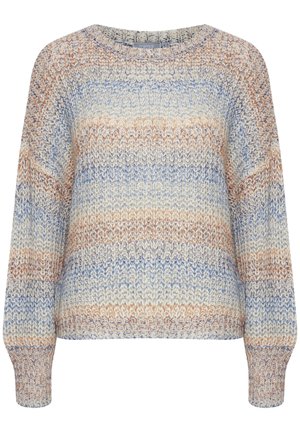 Pletený svetr s kulatým výstřihem. Obsahuje pruhy v krémových, modrých a béžových odstínech. Volný střih s dlouhými, zužujícími se rukávy a žebrovanými manžetami.
