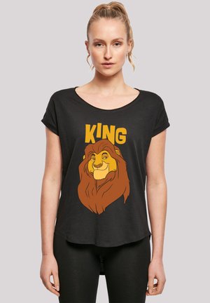 Black short-sleeve t-shirt with a rounded neckline, featuring a graphic of a lion's face and the word "KING" in yellow.