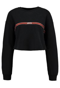 Sweatshirt noir court à manches longues, présentant une bande horizontale rouge et blanche avec le logo "Levi's" centré dans la bande.