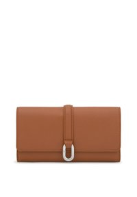 Braune Lederbrieftasche mit glatter Textur, rechteckiger Form und einem silbernen Verschlussdetail. Kompakt mit Klappdesign.
