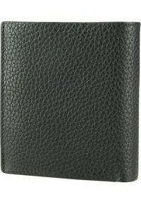 Zwart leren portefeuille met een gestructureerde afwerking, opvouwbaar ontwerp en afgeronde hoeken. Beschikt over een subtiel nerfpatroon.