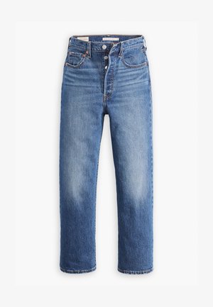 Jeans de denim azul com uma cintura alta, design de perna reta e áreas desbotadas. Inclui bolsos frontais e metal em acabamentos.